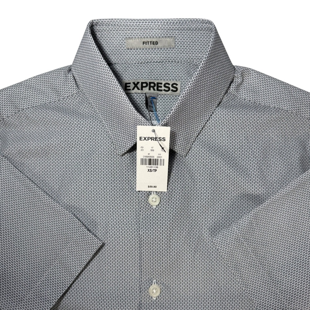 Express Women's Short Sleeve Button Down Shirt Micro‎ Dot Print White Blue XS